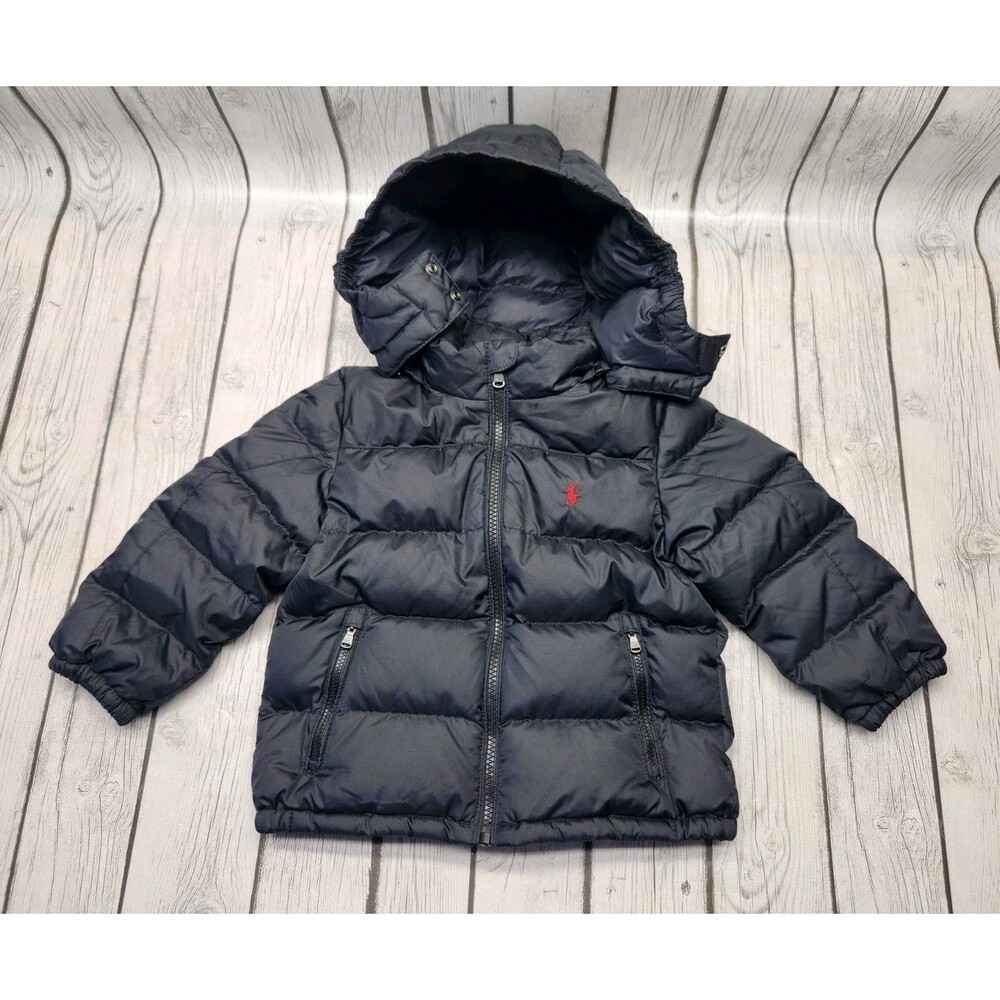 Polo Ralph Lauren Boys Kids 3T Black Hooded Down Puffer Jacket Water Repellent